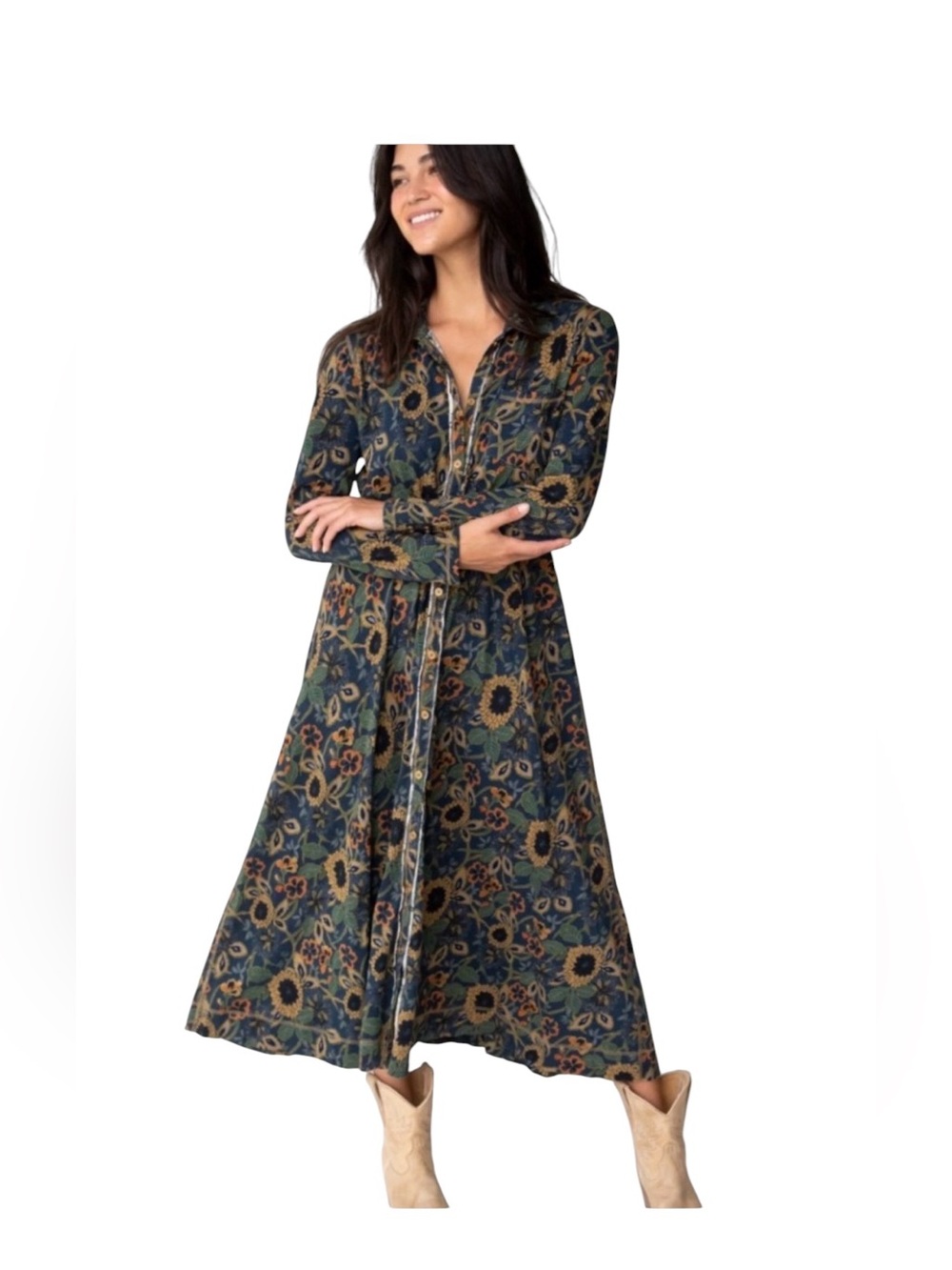 NATURAL LIFE Christa Knit Cotton Floral Maxi Dress Earthy Cottage Boho Prairie M - Picture 2 of 10